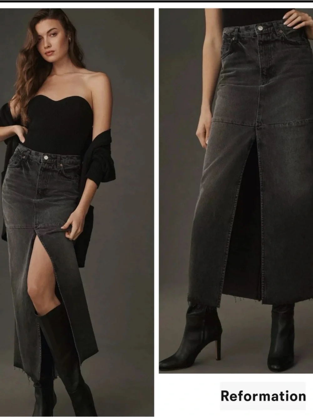 Reformation Tazz Maxi Denim Long Skirt Size 23 Black Wash Front Slit Taw Hem - Picture 1 of 15